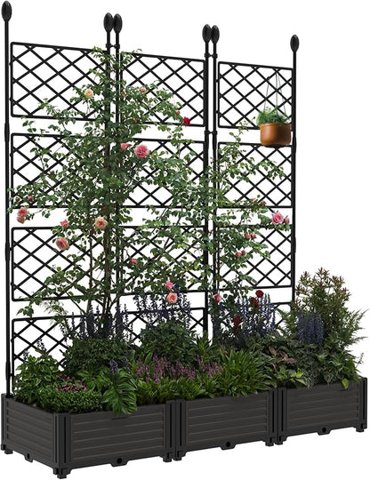 IDEALHOUSE 3 PCS Raised Garden Bed with Trellis, 50" W×63" T Plastic Planter Box with Privacy Screen, Sturdy Lightweight Vertical Garden for Climbing Plants Patio Balcony Backyard