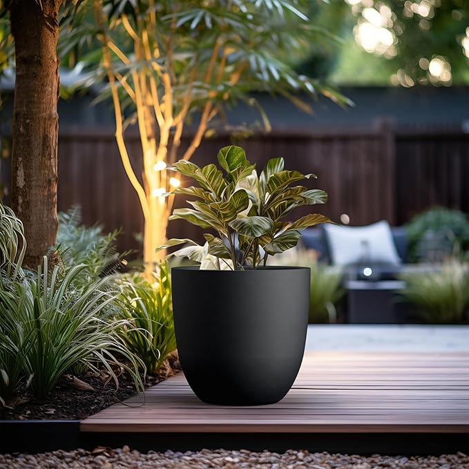 Kante 18 Inch Dia Round Concrete Planter, Indoor Outdoor Large Plant Pot with Drainage Hole and Rubber Plug for Home Patio Garden, Black