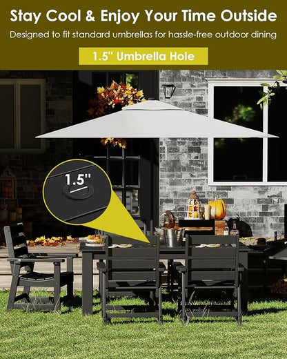 GREENVINES 7-Piece Outdoor-Dining-Set | HDPE Plastic 67'' Table and Chairs Sets for 6 | Patio Furniture | All Weather | Umbrella Hole | Black | for Poolside Garden Backyard