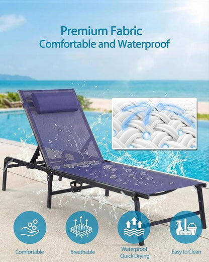 2 Pack Foldable Chaise Lounge Chair with Cup Holder, Assemble-Free Outdoor Lounge Chair with Detachable Pillow and 6 Adjustable Backrest, Patio Lounge Chair for Outside Poolside Beach Pool, Blue