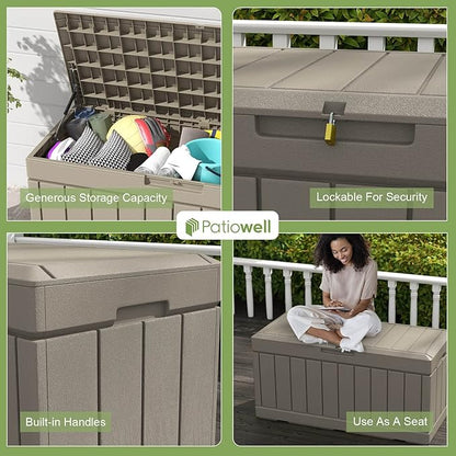 Patiowell 82 Gallon Resin Deck Box, Waterproof Large Wood Look Storage Box for Patio Furniture, Pool Accessories, Garden Tools and Sports Equipment, Lockable, Light Brown