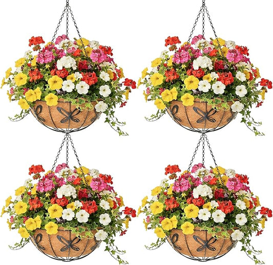 4 Pack 14 Inch Hanging Baskets for Plants Outdoor Metal Hanging Planter Hanging Flower Baskets with Coco Fiber Liners Chain Round Wire Plant Holder Hanging Flower Pots(Butterfly)