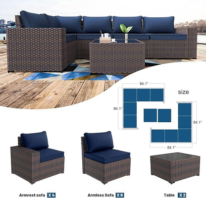 Kullavik 13PCS Outdoor Patio Furniture Set with 43" 55000BTU Gas Propane Fire Pit Table PE Wicker Rattan Sectional Sofa Patio Conversation Sets,Navy Blue