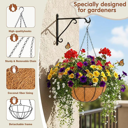 Metal 10 inch Round Planter, 4 Pack Hanging Wire Basket with Coco Fiber Liners, for Outdoor Plants Decoration