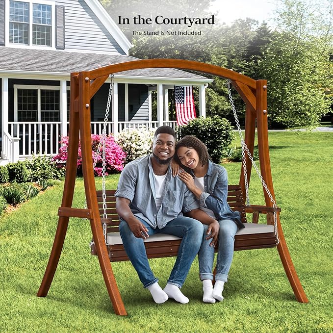 VINGLI Heavy Duty 880 LBS Patio Wooden Porch Swing Outdoor with Extra Cushion, Farmhouse Hanging Bench Tree Swing with Adjustable Chains for Yard | Garden | Lawn | Balcony (5 FT, Rustic)