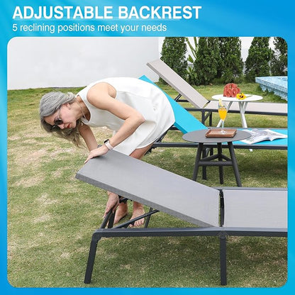 Aluminum Chaise Lounge Chair Outdoor, Foldable Patio Lounge Chair 2 Sets Assemble-Free, Pool Lounge Chairs with 5 Adjustable Backrest, Outdoor Lounge Chairs for Outside Poolside Beach Lawn Blue