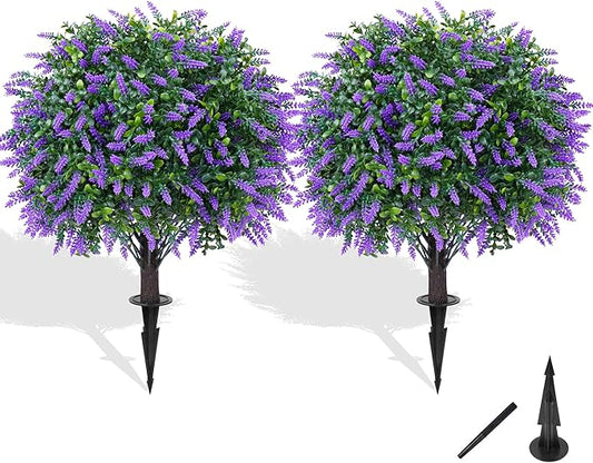 Artificial Boxwood Topiary Ball with Lavender, Set of 2 Artificial Shrub Bushes with Ground Spike, UV Resistant Fake Evergreen Plant Tree for Porch Outdoor Planters Indoor Valentine's Day