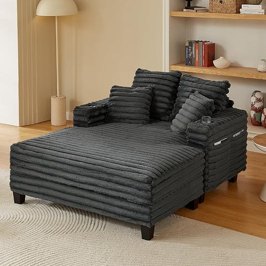 64" Chaise Lounge Chair Indoor, Oversized Sleeper Chair with Wood Frame, Upholstered Sofa Bed for Living Room, Movie Room, Bedroom with 4 Storage Pockets&2 Cup Holders(Plush Corduroy, Grey)