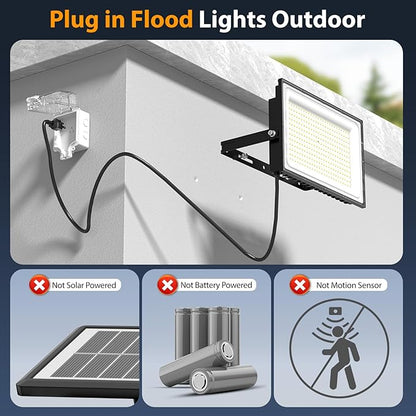 Onforu 300W Flood Lights Outdoor,30000lm Bright LED Work Light with Plug,6500K Daylight White LED Stadium Lighrs,IP66 Waterproof Security Yard Lights for Yard Garage Stadium 2 Pack