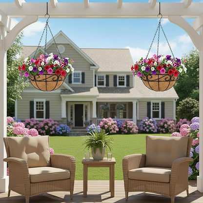 Outdoor Metal Hanging Planters Basket (4pack, 12 inch) Hanging Baskets for Plants Chain Round Wire Plant Holder with Coco Fiber Liners for Garden, Patio, Deck, Porch(Flower Border)