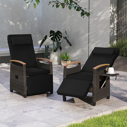 RELAX4LIFE Rattan Outdoor Recliner Chair - Wicker Chaise Lounge Chair w/Adjustable Back & Footrest, Acacia Wood Armrests, Flip Side Table, Cushion, Reclining Patio Chair for Pool Yard (2, Black)