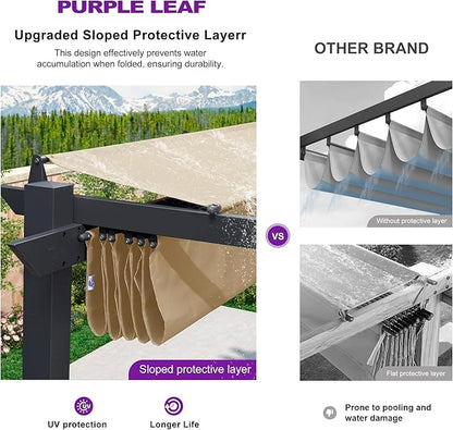 PURPLE LEAF 10' x 13' Aluminum Outdoor Pergola Modern Grape Trellis Retractable Pergola with Double Sun Shade Canopy Metal Pergola with Light for Patios Backyard Deck Garden, Khaki