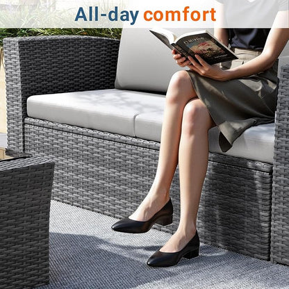 Wisteria Lane 4 Piece Patio Furniture Set, Wicker Outdoor Patio Conversation Furniture Set, All Weather Outdoor Patio Sofa with Cushion and Glass Table, Ash Gray