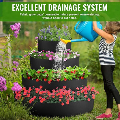 4 Pcs Plant Grow Bags 4 Tiered Strawberry Planter Tower Fabric Raised Garden Beds, 39 Inch Nonwoven Strawberry Pyramid Planter for Vegetables Flower Herbs Gardening Outdoor Growing (Black)
