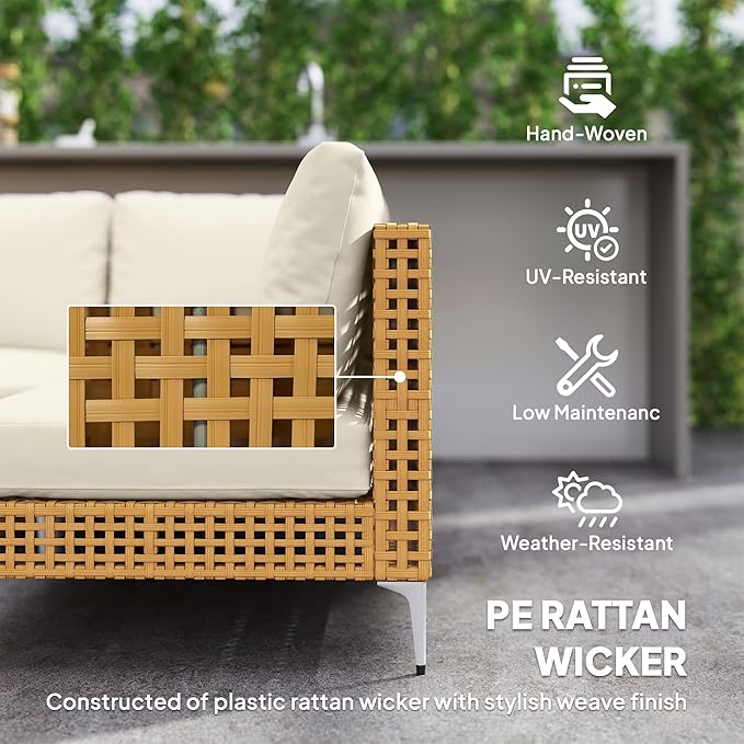 Outsunny 7 Piece Wicker Patio Furniture Set, Modular Outdoor Sectional with Thickened Cushions, Rattan Outdoor Furniture Conversation Set with Slatted Acacia Wood Table for Backyard, Khaki/Beige
