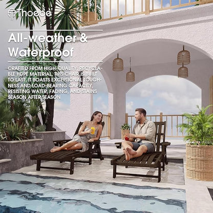 Patio Chaise Lounge Chair Set of 2, Oversized Lounge Chair Outdoor with 5 Positions, HDPE, Patio Lounge Chair with Wheels & Cup Holder for Pool, Deck, Poolside,Brown