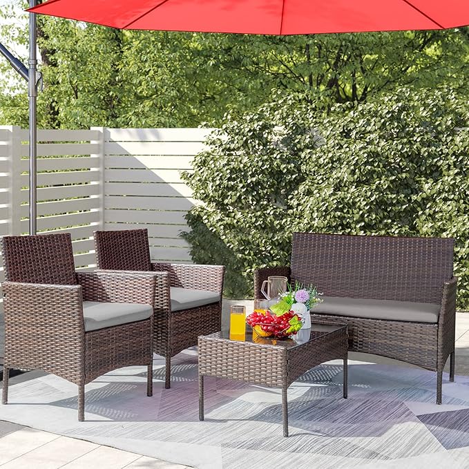 Greesum Patio Furniture 4 Pieces Conversation Sets Outdoor Wicker Rattan Chairs Garden Backyard Balcony Porch Poolside loveseat with Soft Cushion and Glass Table, Brown and Gray