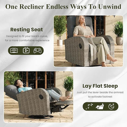 LayinSun Oversized Wicker Outdoor Swivel Glider Recliner with Adjustable Backrest & Footrest, Patio Reclining Lounge Chair