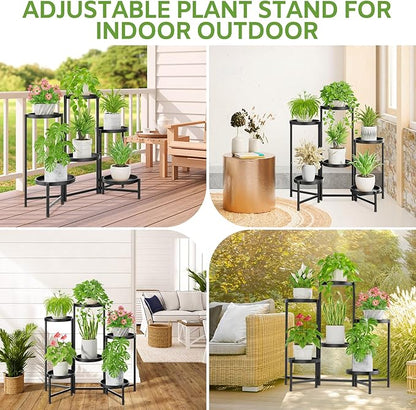 iDavosic.ly 6 Tier Large Plant Stand Indoor with 10 Inch Wide Tray, Tiered Corner Metal Outdoor Flower Display Holder Shelf, Folding Tall Rack for Patio Porch Living Room, Modern Black