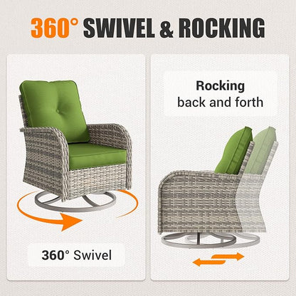 15-Piece Outdoor Patio Furniture Set with Rocking Swivel Chair Wicker Sectional Sofa Set, Patio Conversation Set with Thickened Cushions & Coffee Table for Garden, Backyard, Avocado Green