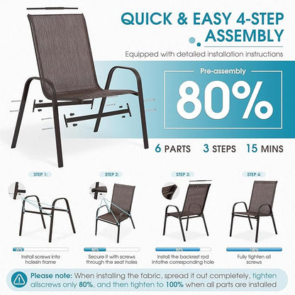 Outdoor Stackable Chairs Set of 6, Stacking Patio Chairs with Textilene Fabric, Outside Furniture for Garden Backyard Balconie Poolside Deck, Brown