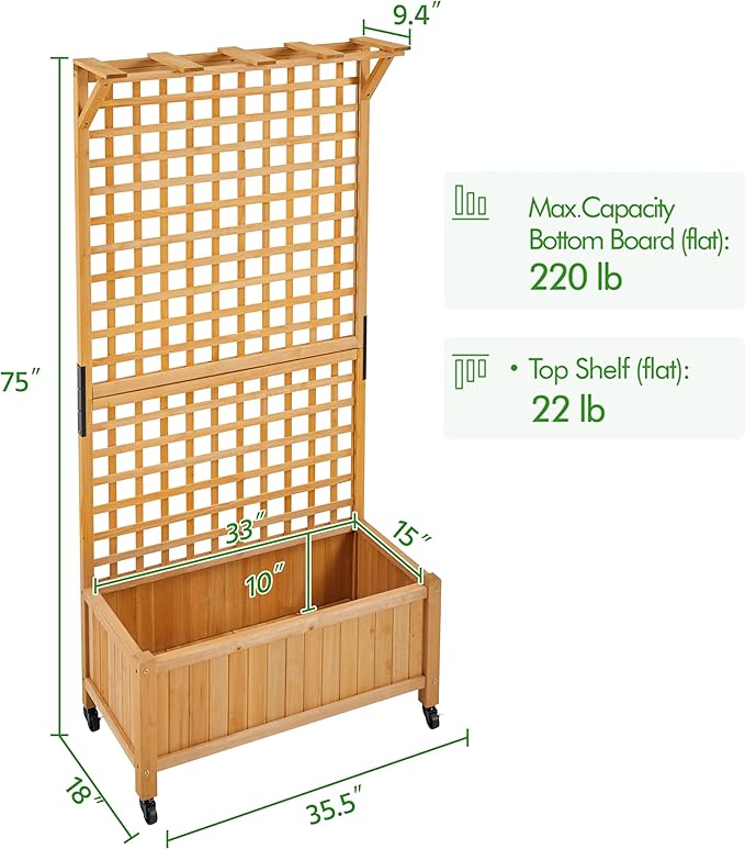 Yaheetech 72" H Horticulture Garden Planter with Trellis for Vine Climbing Plants Garden Box Outdoor w/Drainage Holes Raised Garden Bed Garden Planter Box for Flowers, Herbs Light Brown