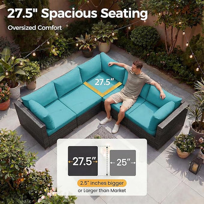 NICESOUL 13-Piece Patio Furniture Set with Fire Pit, High-End Big Group Outdoor Patio Set with Fire Pit & Chaise Lounge, Wicker 29.3'' High Back Sofa Deep Sitting, Grey & Turquoise