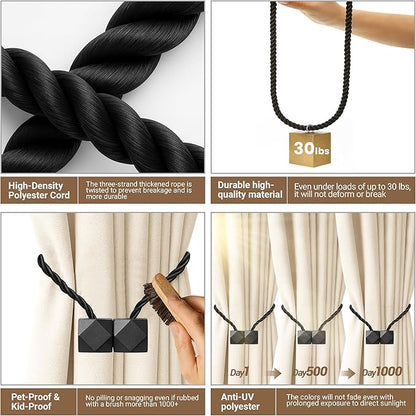 Hion Magnetic Curtain Tiebacks Black 2pcs, Curtain Tiebacks Buckles Holdbacks Holders Hooks Clip for Home Bedroom Office Decorative Curtain