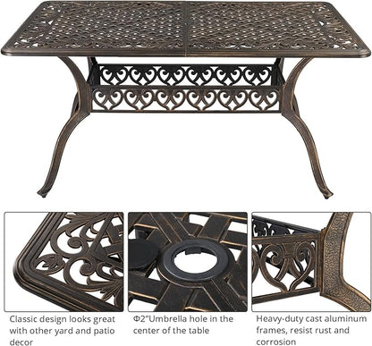 VINGLI 7-Piece Outdoor Dining Set, Cast Aluminum Patio Furniture Set for 6 with Umbrella Hole, Rectangular Outdoor Dining Table & 6 Stackable Chairs, All-Weather Garden/Poolside Dining Set Bronze