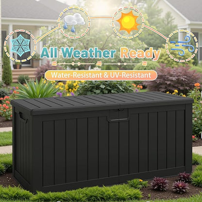 Patiowell 240 Gallon Large Outdoor Storage Box, Waterproof Deck Box with Fixed Divider, Lockable and Durable Patio Storage Solution for Patio Furniture and Garden Tools (Black)
