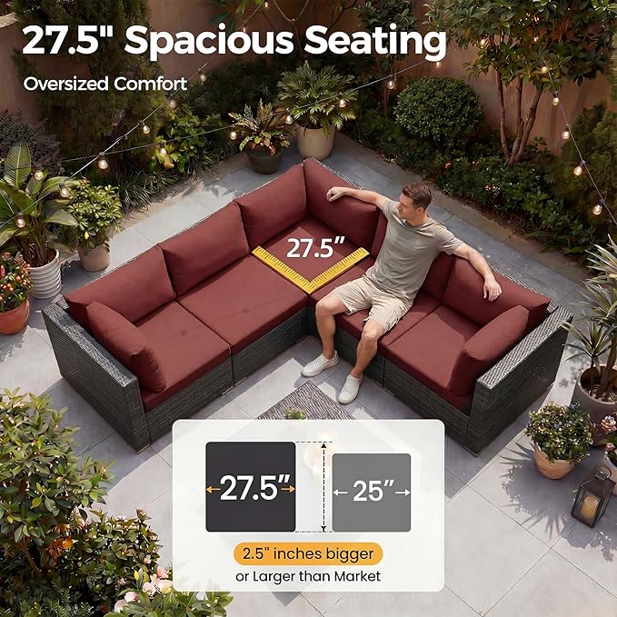 NICESOUL 13 Piece Outdoor Furniture with Fire Pit, Luxurious Wicker Patio Sectional with Fire Pit & Chaise Lounge, 500 lbs Heavy Duty 10-Person Deep Wide Couch Set for Deck, Lawn, Grey & Burgundy