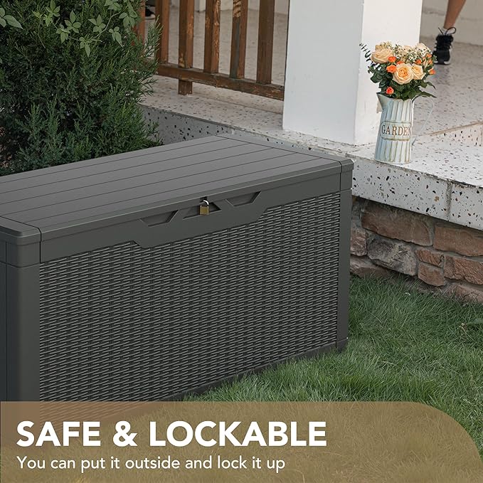 Devoko 100 Gallon Waterproof Large Resin Deck Box Indoor Outdoor Lockable Storage Container for Patio Furniture Cushions Garden Tools (100 Gallon, Grey)