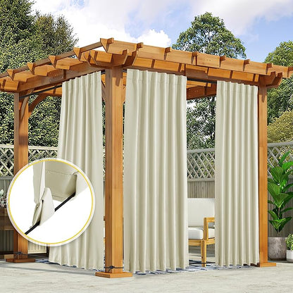NICETOWN 2 Panels Outdoor Curtains Waterproof Pocket & Back Tab on Top & Bottom, Thermal Insulated Windproof Sun Blocking Outside Privacy Drapes for Patio with Fixed Rope, W52 x L84, Beige