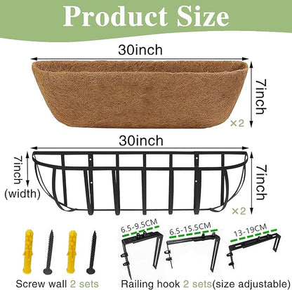 30 Inch Railing Planter Window Box Deck Balcony Rail Planter with Coco Liner Metal Wall-Mounted Coconut Liner Basket English Horse Trough for Outdoor Balcony Porch Fence Patio (2 Pack)