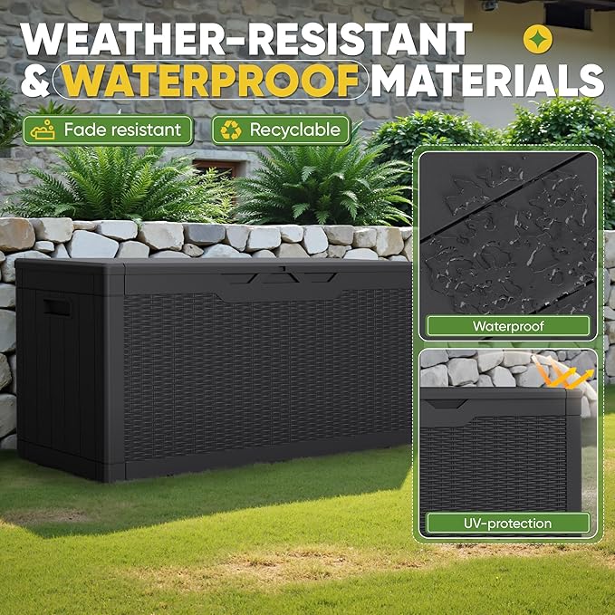 Greesum Outdoor Storage Box 100 Gallon Storage Bin with Lid for Patio Furniture, Garden Tools, Pool Supplies, Lockable, Waterproof and UV Resistant, Black