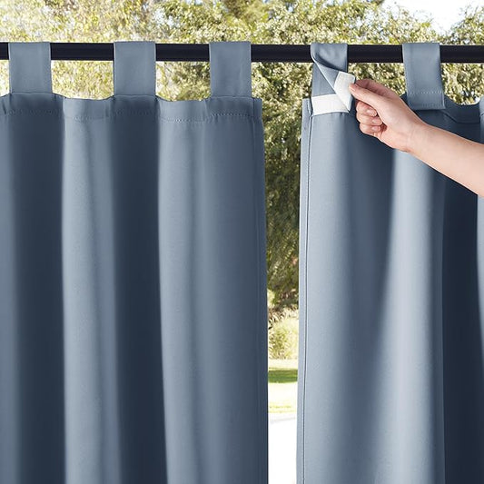 NICETOWN 2 Panels Self Stick Tab Top Outdoor Curtainss for Patio Waterproof, Indoor Outdoor Blinds Room Darkening Window Treatments Rain & Sun Blocking Drapes for Pool, W52 x L95, Stone Blue