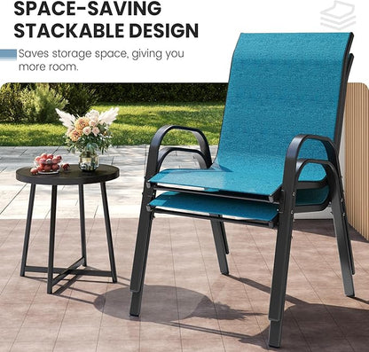 Patio Dining Chairs Set of 4, Stackable Dining Chairs High Back, Breathable Seat Fabric and Alloy Steel Frame Fit Backyard, Porch, Lawn，Poolside (Sky Blue)