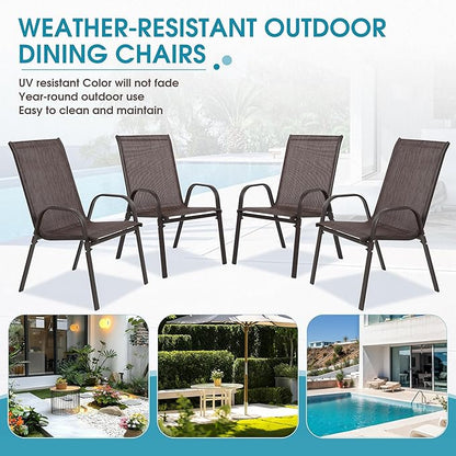 Outdoor Stackable Chairs Set of 4, Stacking Patio Chairs with Textilene Fabric, Outside Furniture for Garden Backyard Balconie Poolside Deck, Brown