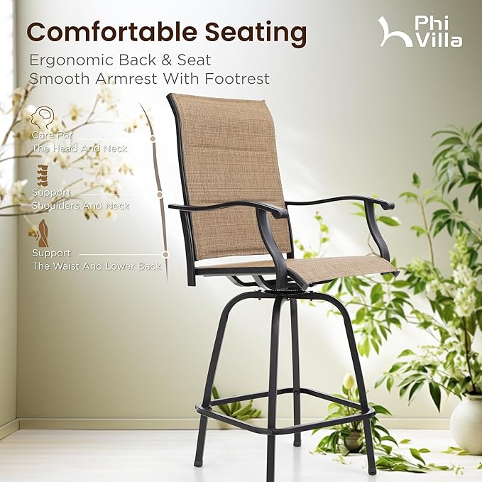 PHI VILLA 7 Piece Patio Bar Dining Set, Bar Height Outdoor Table and Chairs with 6 Swivel Bar Stools (Padded Textilene) & Large Rectangle Metal Table for Deck, Garden and Yard