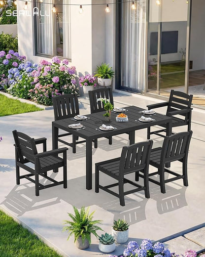 SERWALL 7-Piece Outdoor Dining Set, 60" - 83" Expandable Outdoor Dining Table and 6 HDPE Chairs, All Weather HDPE Outdoor Furniture Set for Backyard, Garden, Black