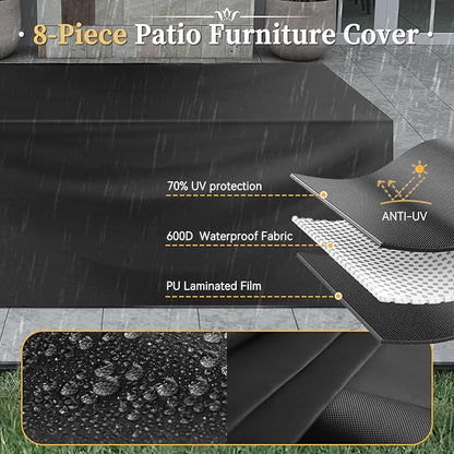 Aoxun 8 Piece Patio Furniture Set with 44” Fire Pit Table Wicker Rattan Outdoor Sectional Sofa Set with Coffee Table and Thickened Cushions, Black (Waterproof Cover Included)
