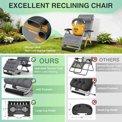 Suteck Oversized Zero Gravity Chair,33In XXL Lounge Chair w/Removable Cushion&Headrest, Reclining Camping Chair w/Upgraded Lock and Footrest, Reclining Patio Chairs Recliner for Indoor Outdoor,500LBS