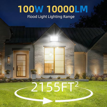 100W LED Flood Lights Outdoor, 2pack 10000lm Bright Led Work Light with Plug, 6500k Daylight White Outdoor LED Lights, IP66 Waterproof Patio Lighting