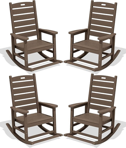 SERWALL Outdoor Rocking Chair Set of 4, Oversized HDPE Patio Rocking Chair with Footrest for Adults, All Weather Porch Rocker for Deck Patio Balcony, Coffee
