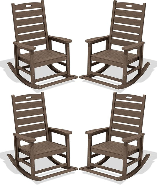 SERWALL Outdoor Rocking Chair Set of 4, Oversized HDPE Patio Rocking Chair with Footrest for Adults, All Weather Porch Rocker for Deck Patio Balcony, Coffee