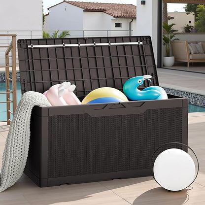 JUMMICO 100 Gallon Resin Deck Box, Waterproof Outdoor Storage Box with Lockable Lid for Garden Tools, Patio Cushions (Brown)
