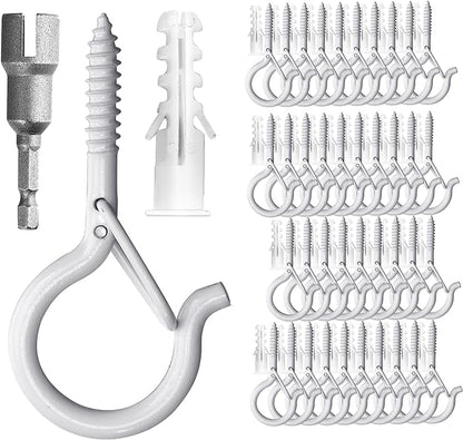 PlusRoc 40 Pack Ceiling Hooks for Hanging Plants Outdoor String Lights Heavy Duty, 2.2 Inch Eye Hook Screw in Cup Hooks Q-Hanger for Patio Lights, Wall Wood Fence Deck Mount(White)