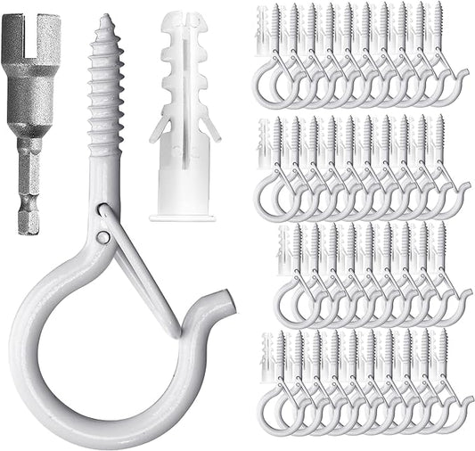 PlusRoc 40 Pack Ceiling Hooks for Hanging Plants Outdoor String Lights Heavy Duty, 2.2 Inch Eye Hook Screw in Cup Hooks Q-Hanger for Patio Lights, Wall Wood Fence Deck Mount(White)