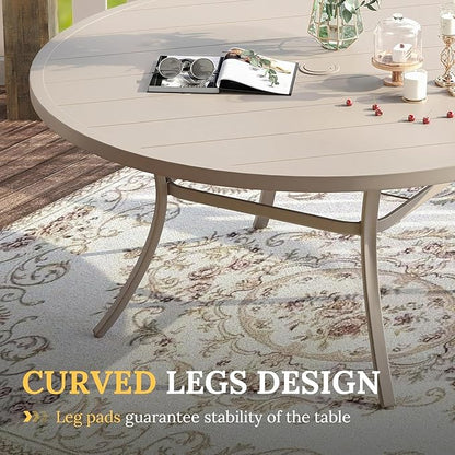 VICLLAX Large Patio Dining Furniture Set, Outdoor Dining Set for 10-60" Round Outdoor Table and Patio Stackable Chairs, Sandshell Color Tabletop and Fabric