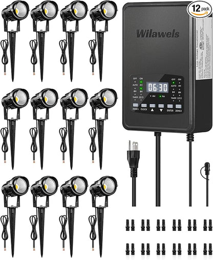 12 Pack Landscape Lights with 2 Zone 300W Low Voltage Transformer, 3000K 12V LED Landscape Lighting Kit, Waterproof Aluminum Landscape Spotlights with Connectors for Yard Tree Garden W01LK06